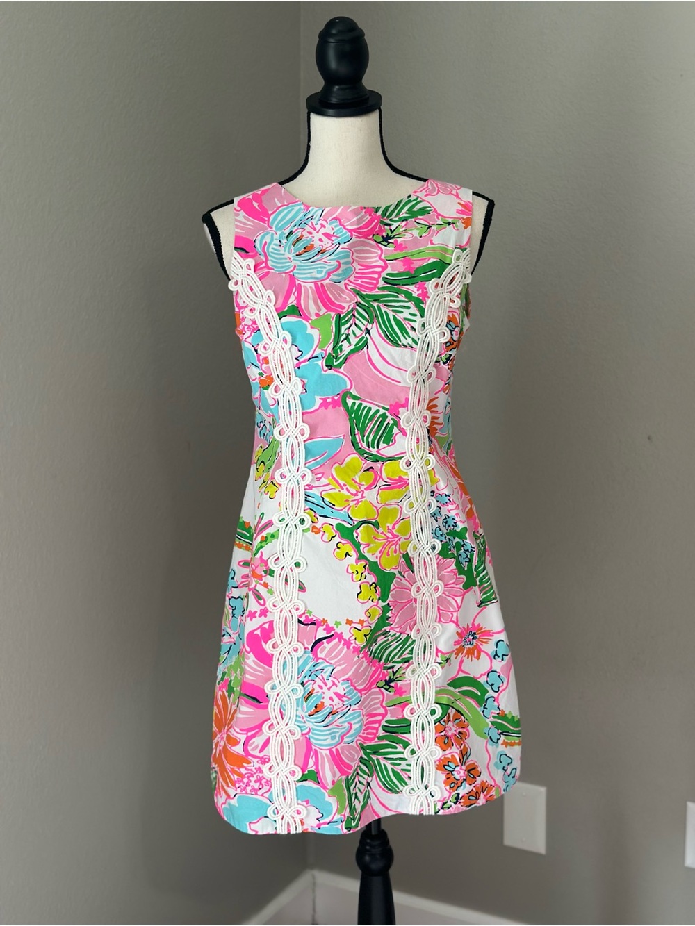 Lilly Pulitzer Pink Multicolor Floral Shift Dress with White Lace Panels